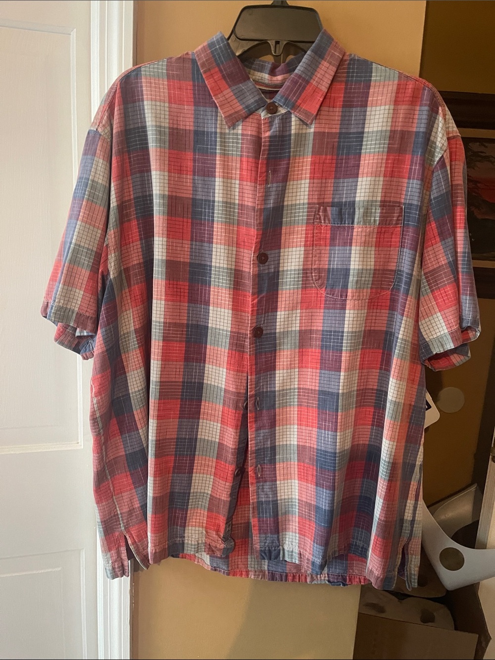 Tommy Bahama Red and Blue Plaid Short-Sleeve Button-Down Shirt